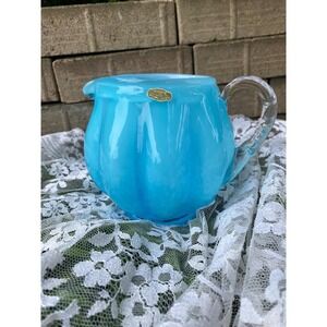 Fenton Art Glass Blue Overlay Rib Melon Squat Pitcher Jug 1940s